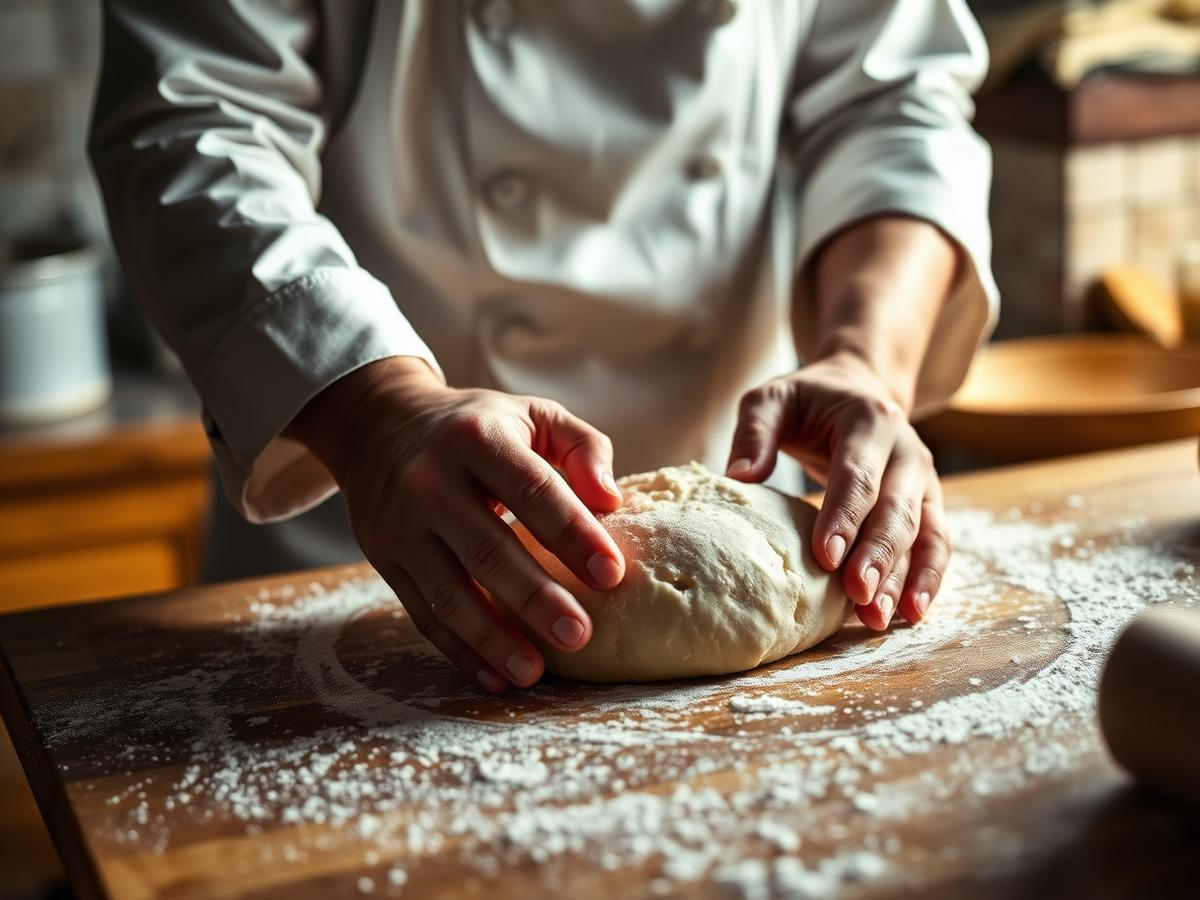 Chef hands shaping fresh dough on a floured wooden board